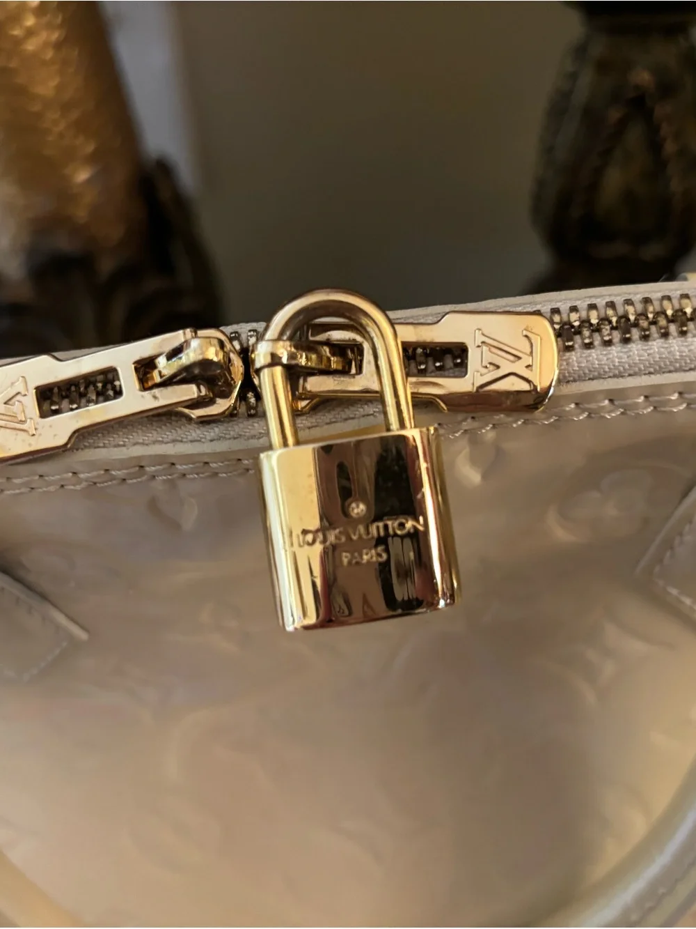 Louis Vuitton Cream Vernis Alma Satchel with Gold Hardware